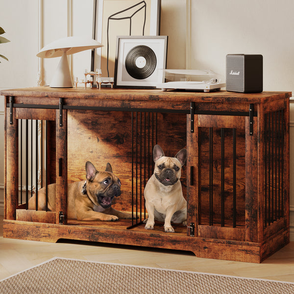 Linor Wooden Double Dog Crate Furniture with Divider and Sliding Door for Two Dogs