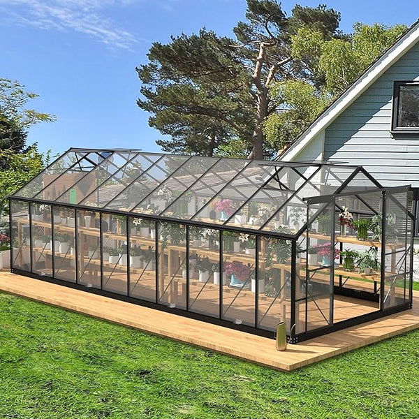 Polycarbonate Greenhouses, 8x20 FT Green Houses for Outside with 4 Adjustable Roof Vents, Walk-in Aluminum Frame Greenhouse with Sliding Doors for Backyard Garden