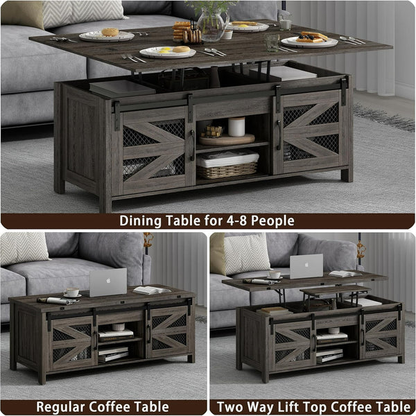 Linor 47.2" Lift Top Coffee Table, 4 in 1 Farmhouse Coffee Tables with Sliding Barn Door, Gray