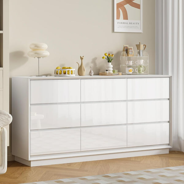 Akaber US 63'' White Dresser for Bedroom, Glossy Large Dresser with 9 Deep Chests of Drawers for Bedroom, Living Room, Closet