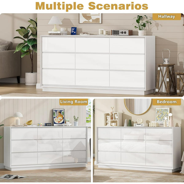 Akaber US 63'' White Dresser for Bedroom, Glossy Large Dresser with 9 Deep Chests of Drawers for Bedroom, Living Room, Closet