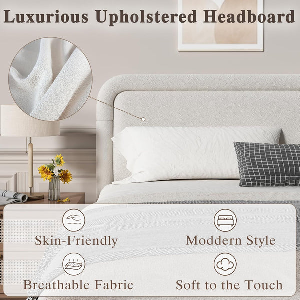Wanan Full Bed Frame, Upholstered Bed Frame with Rounded Corners, Soft Cloud Bed Frame in Modern Style, Noise-Free Structure, Easy Assembly, Cream