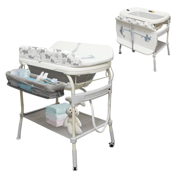2-in-1 Baby Changing Table with Bathtub, Akaber Newborn Foldable Portable Diaper Station, Adjustable Height with Wheels, Waterproof Pad, Storage Rack
