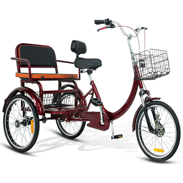 Linor Adult Tricycle with Rear Seats, 20" 3-Wheel, Front and Rear Baskets, Trike for Seniors, Red
