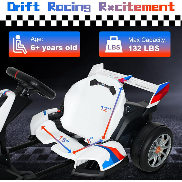 Akaber Electric Go Kart with Adjustable Seat, 24V 9AH Drift Kart with 400W Motors, Crazy Go Cart for Kids Ages 6-12, Licensed BMW, LED Lights, Drift Mode and 2 Speed (White)
