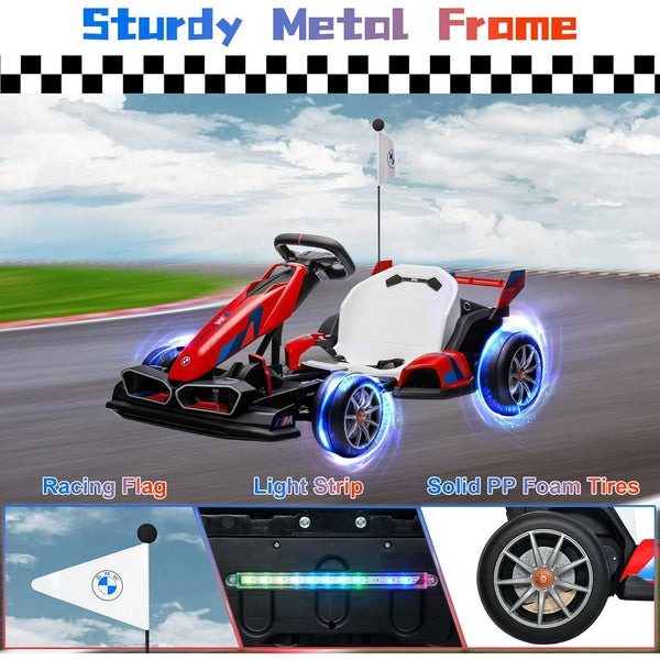 Akaber Electric Go Kart with Adjustable Seat, 24V 9AH Drift Kart with Dual 200W Motors, Crazy Go Cart for Kids Ages 6-12, Licensed BMW, LED Lights, Drift Mode and 2 Speed (Red)