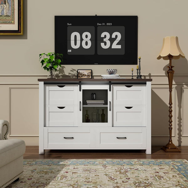 48" Farmhouse with 6 Drawers, 2 Shelves, and Sliding Barn Doors, Linor Farmhouse Chests of Drawers for Bedroom, Drawer Dresser TV Stand for Living Room, Antique White