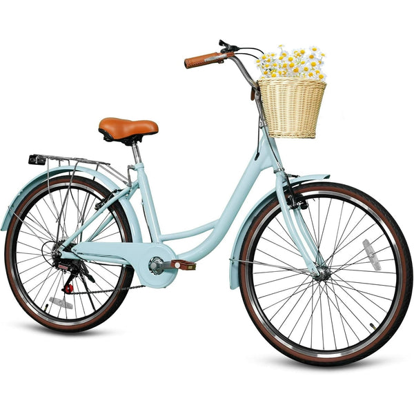 26" Beach Cruisers for Women, Pipleo Bikes for Women with Rattan Basket, 7-Speed & Step-Through Frame