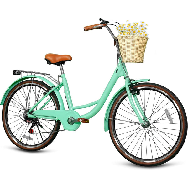 24" Beach Cruisers for Women, Pipleo Bikes for Women with Rattan Basket, 7-Speed & Step-Through Frame