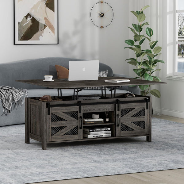 Linor 47.2" Lift Top Coffee Table, 4 in 1 Farmhouse Coffee Tables with Sliding Barn Door, Gray