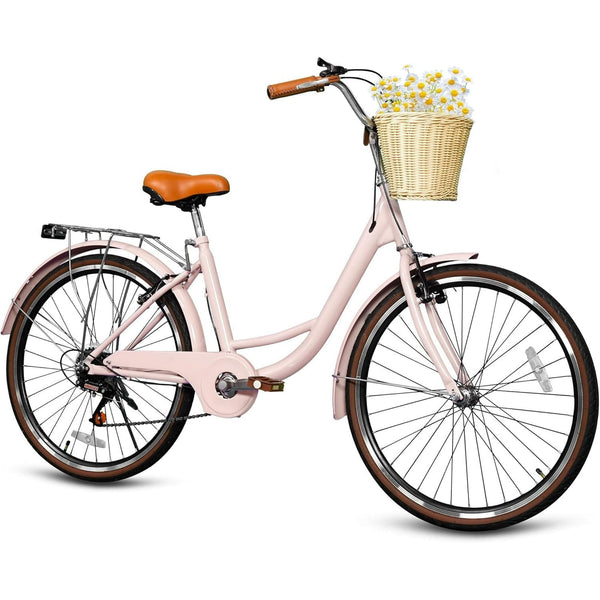 26" Beach Cruisers for Women, Pipleo Bikes for Women with Rattan Basket, 7-Speed & Step-Through Frame