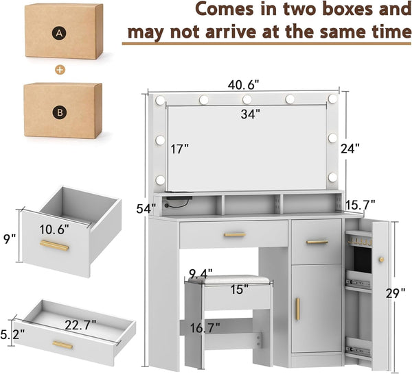 40.6" White Vanity Table with LED Lights White Vanity Desk with 2 Drawers & Power Outlet, Sliding Jewelry Storage