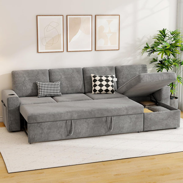 Akaber 103" Sleeper Sofa, L-Shaped Sectional Sofa Bed with Storage Chaise, Reversible 2 in 1 Pull Out Couch with Cup Holders for Living Room, 4-Seater,Grey