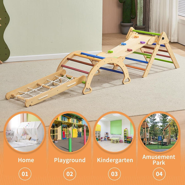 Pikler Triangle Set, Wooden Montessori Climbing Toys for Toddlers