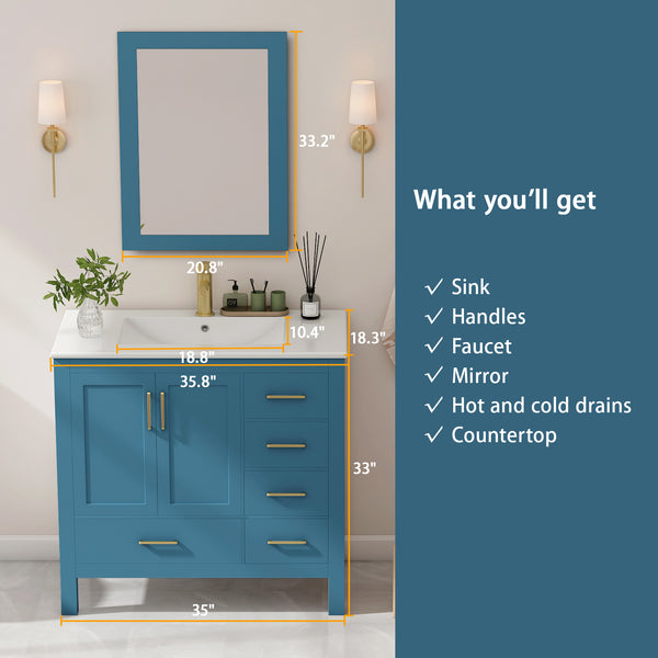 Complete 36" Bathroom Vanity Set with Sink, Faucet, and Storage - Ceramic Countertop, Soft-Close Doors, and Mirror Included, 36 "x18.3 x33