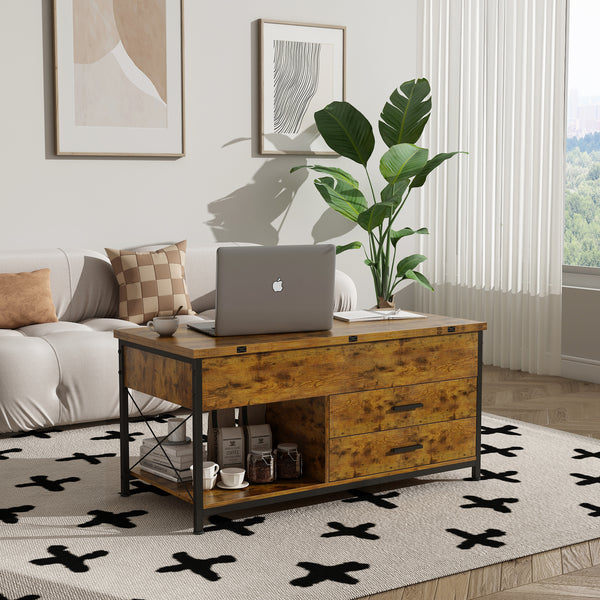 Lift Top Coffee Table, 4 in 1 Multi-Function Coffee Tables with Open Shelf and 2 Drawers, Coffee Table for Living Room, Dining Reception Room, Home Office