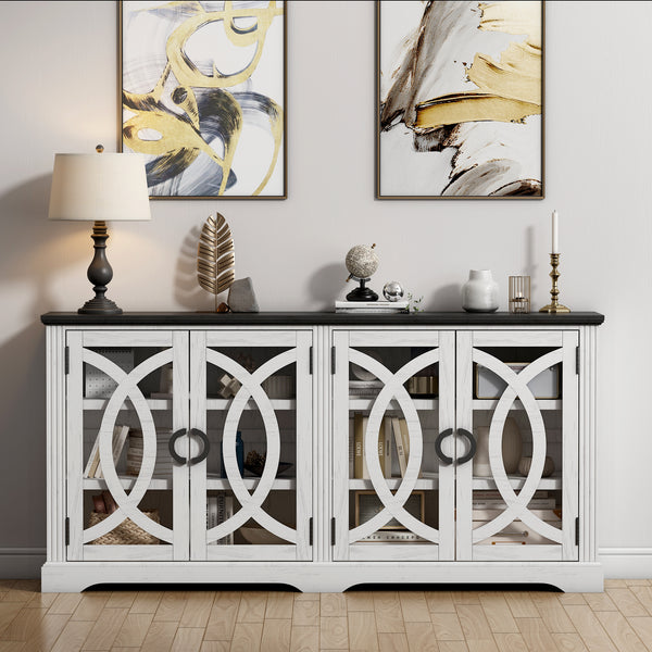 69" Coffee Bar Cabinet, Farmhouse Buffet Cabinet with 4 Glass Barn Doors, Wood Sideboard Storage Cabinet for Kitchen, Dining Room, Living Room, Antique White