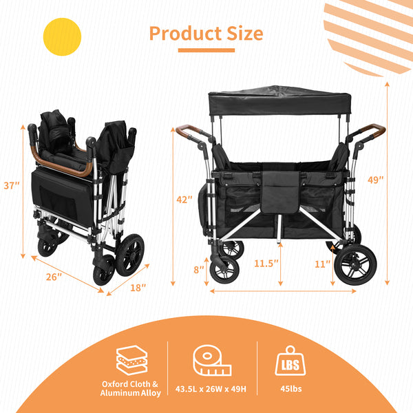 Stroller Wagon for 2 Kids, 2 seater wagon stroller, stroller wagon with canopy(Black)