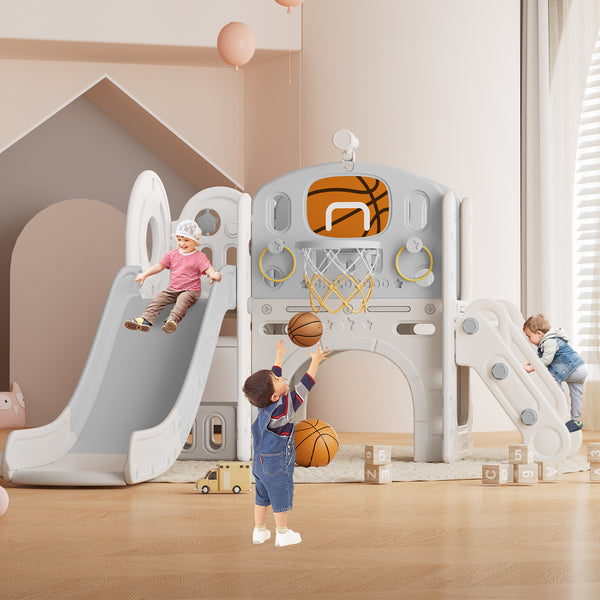 Toddler Slide, 8 in 1 Toddler Indoor Outdoor Playset with Slide, Climber, Basketball Hoop and Ball, Tunnel Crawl, Telescope and Storage Space, Kids Playground Sets for Backyards & Indoor