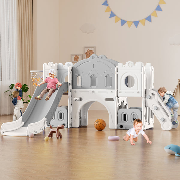 Linor 7-in-1 Toddler Complete Indoor Playset/Playground with Slide, Climber, Basketball Hoop, Tunnel Crawl, and Storage