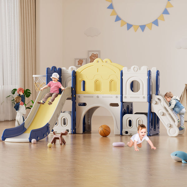 Linor 7-in-1 Toddler Complete Indoor Playset/Playground with Slide, Climber, Basketball Hoop, Tunnel Crawl, and Storage