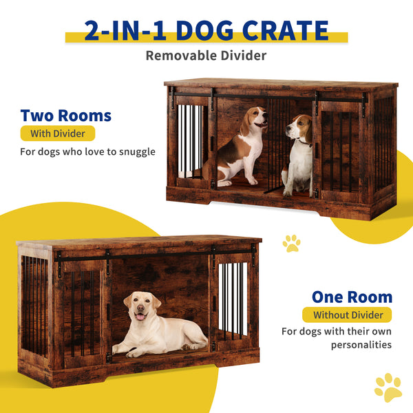 Linor Wooden Double Dog Crate Furniture with Divider and Sliding Door for Two Dogs