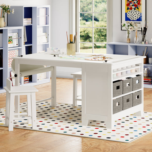 Kids Art Table and Chair Set, Kids Craft Table with Two Chairs, Storage Shelves, Canvas Bins, Wooden Children Study Desks, Kids Desk and Chair Set for Drawing and Painting