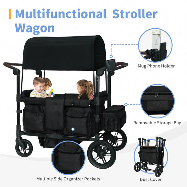 Wagon Stroller for 4 Kids, Linor Stroller Wagon 4 Seater Featuring 4 High Seat with Footwell, 5-Point Harnesses and Adjustable Canopy, Foldable Double Push Bar Baby Wagon for Camping