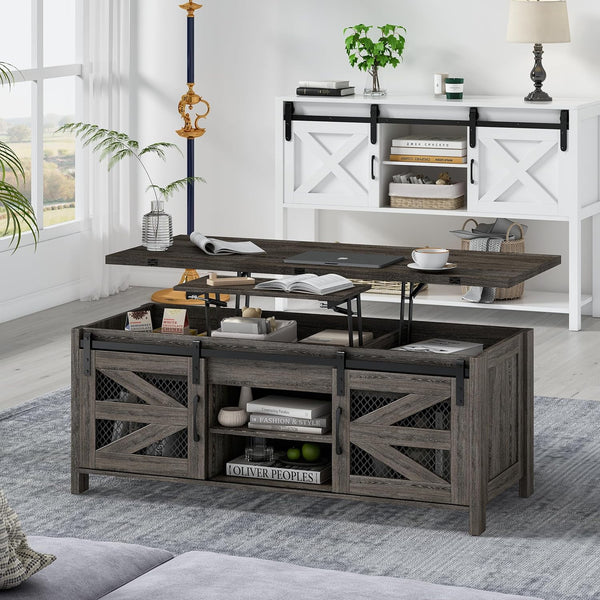 Linor 47.2" Lift Top Coffee Table, 4 in 1 Farmhouse Coffee Tables with Sliding Barn Door, Gray