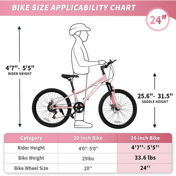 Linor 24" Kids Mountain Bike for Kids 6-12, 7 Speeds Drivetrain Kids Bike, Girls Boys Bike with Suspension Fork, Dual-Disc Brake, Anti-Slip Butyl Tires, Pink