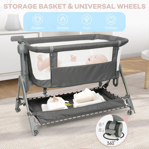 Wanan Bassinets Bedside Sleeper, Baby Bassinet One-Button Folding Portable Bedside Bassinets, Breathable Mesh and Soft Mattress, Adjustable Height Baby Crib with Storage Basket and Wheels for Newborn