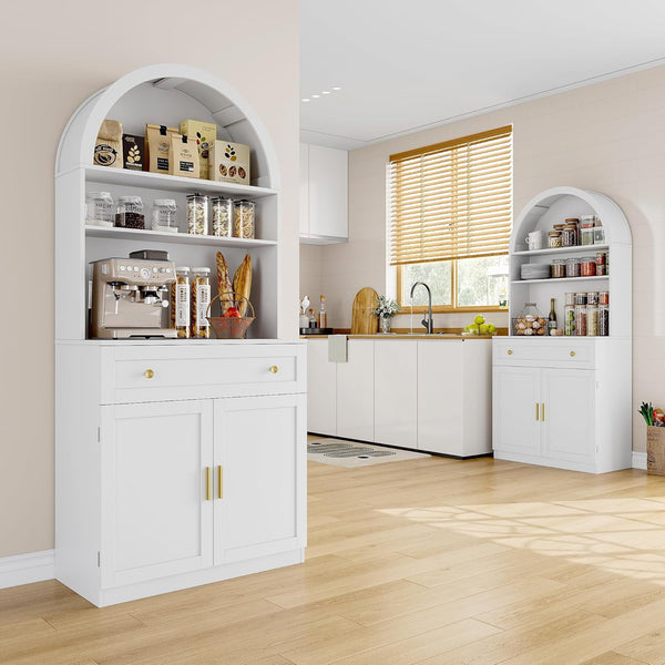 Akaber US 71" Tall Arched Kitchen Pantry Cabinet, Modern Kitchen Storage Cabinets with Hidden Drawer and Spacious Countertop, Wooden Storage Pantry Cabinet for Living Room, Dining Room, White
