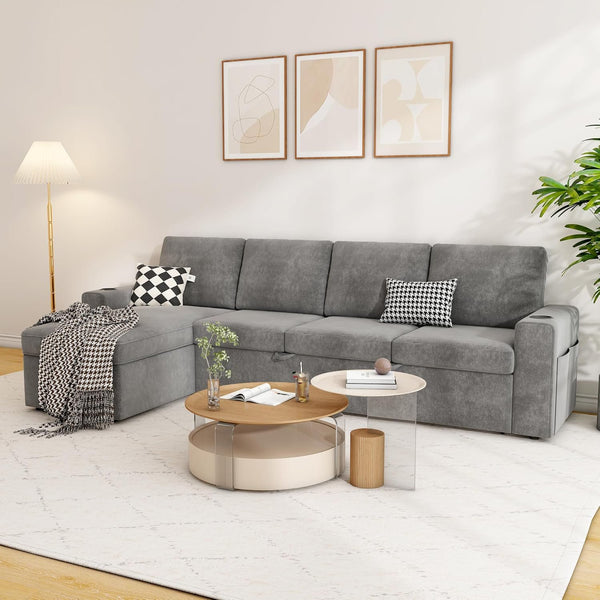 Akaber 103" Sleeper Sofa, L-Shaped Sectional Sofa Bed with Storage Chaise, Reversible 2 in 1 Pull Out Couch with Cup Holders for Living Room, 4-Seater,Grey