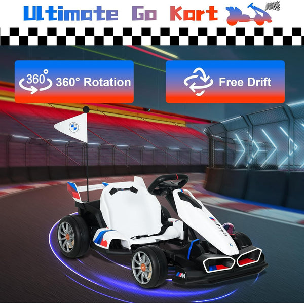Wanan Electric Go Kart with Adjustable Seat, 24V 9AH Drift Kart with 400W Motors, Crazy Go Cart for Kids Ages 6-12, Licensed BMW, LED Lights, Drift Mode and 2 Speed (White)