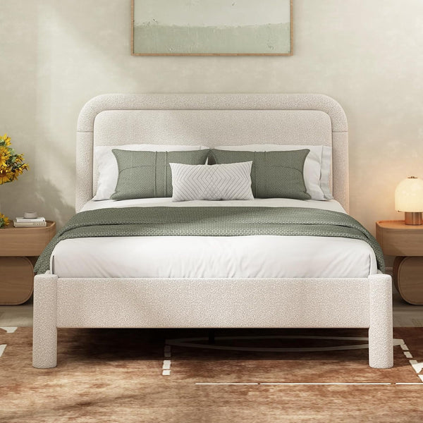 Akaber Queen Bed Frame, Upholstered Bed Frame with Rounded Corners, Soft Cloud Bed Frame in Modern Style, Noise-Free Structure, Easy Assembly, Cream