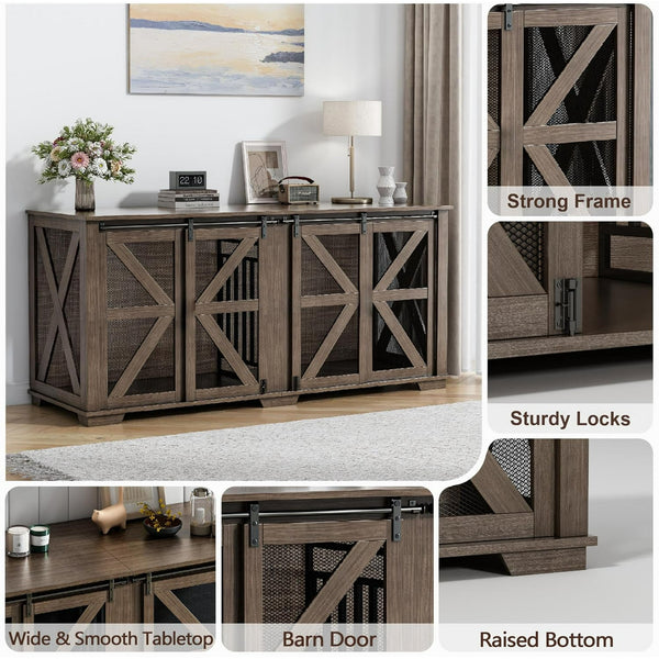 Akaber 71 Inch Double Dog Crate for 2 Dogs，Farmhouse Furniture Style Indoor Heavy Duty Steel Frame Kennel with Sliding Doors & Adjustable Divider, Dark Walnut