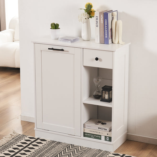 Tilt Out Trash Cabinet 10 Gallon, Trash Can Cabinet with 2 Storage Areas for Kitchen, Living Room, Bathroom, Freestanding Trash Cabinet with Hideaway Drawer