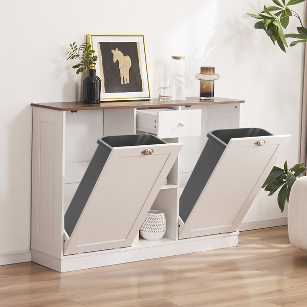 Double Tilt Out Trash Cabinet 20 Gallon, Trash Can Cabinet with Hideaway Drawer, Freestanding Trash Cabinet with 2 Storage Areas for Kitchen Living Room, Bathroom, Laundry