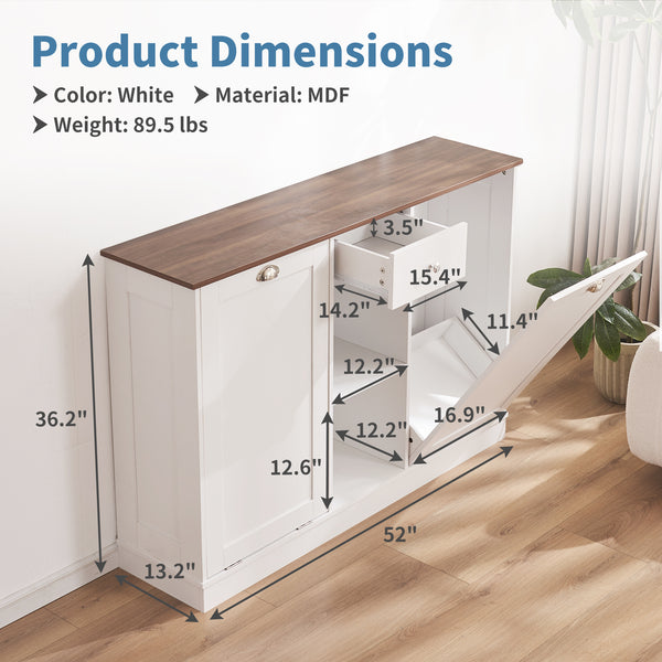 Double Tilt Out Trash Cabinet 20 Gallon, Trash Can Cabinet with Hideaway Drawer, Freestanding Trash Cabinet with 2 Storage Areas for Kitchen Living Room, Bathroom, Laundry