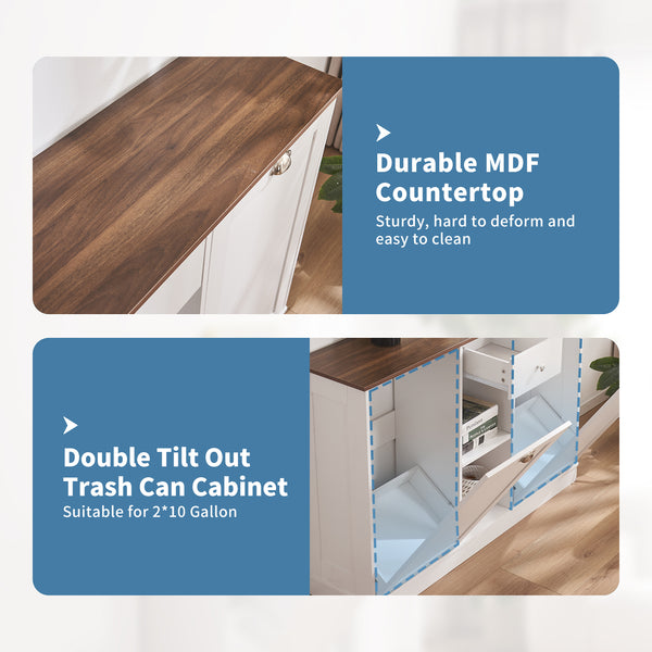 Double Tilt Out Trash Cabinet 20 Gallon, Trash Can Cabinet with Hideaway Drawer, Freestanding Trash Cabinet with 2 Storage Areas for Kitchen Living Room, Bathroom, Laundry