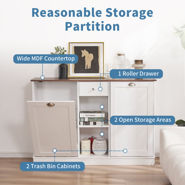 Double Tilt Out Trash Cabinet 20 Gallon, Trash Can Cabinet with Hideaway Drawer, Freestanding Trash Cabinet with 2 Storage Areas for Kitchen Living Room, Bathroom, Laundry