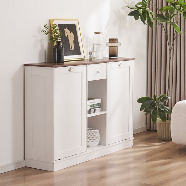 Double Tilt Out Trash Cabinet 20 Gallon, Trash Can Cabinet with Hideaway Drawer, Freestanding Trash Cabinet with 2 Storage Areas for Kitchen Living Room, Bathroom, Laundry