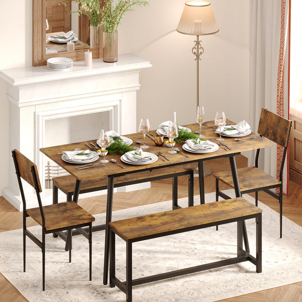 63 inch Extendable Dining Table Set for 4-6, 5-Piece Kitchen Table Set for 6 People with 2 Chairs and 2 Benches, MDF Board Kitchen Table and Chairs for Home, Apartment - Rustic Brown