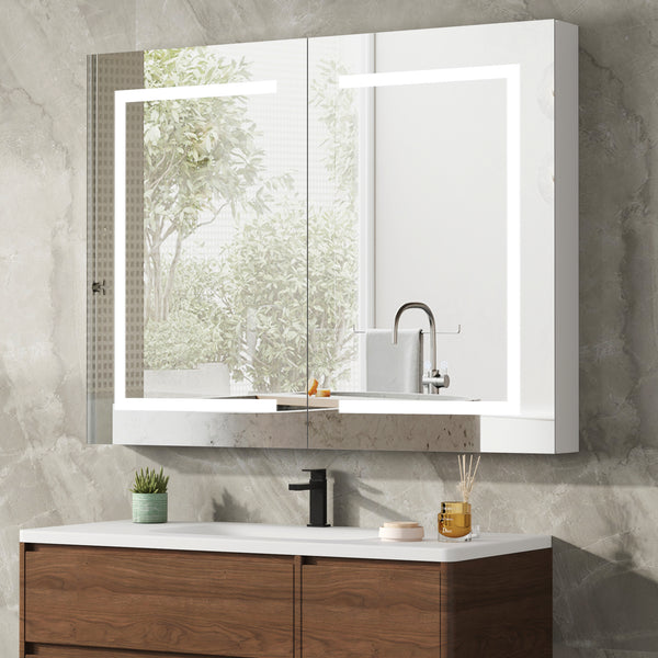 Aluminum Medicine Cabinet , Wall Mounted Surface led Medicine Cabinet, Defog, Stepless Dimming, 3 Color Change, 2 Outlets, 2USB for Bathroom