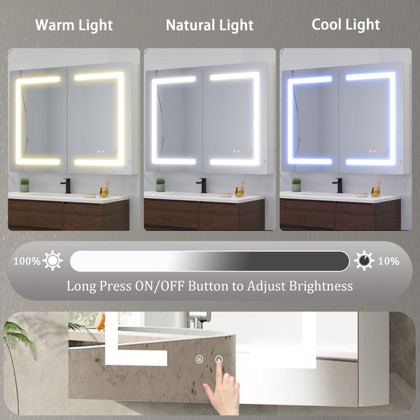 Aluminum Medicine Cabinet , Wall Mounted Surface led Medicine Cabinet, Defog, Stepless Dimming, 3 Color Change, 2 Outlets, 2USB for Bathroom