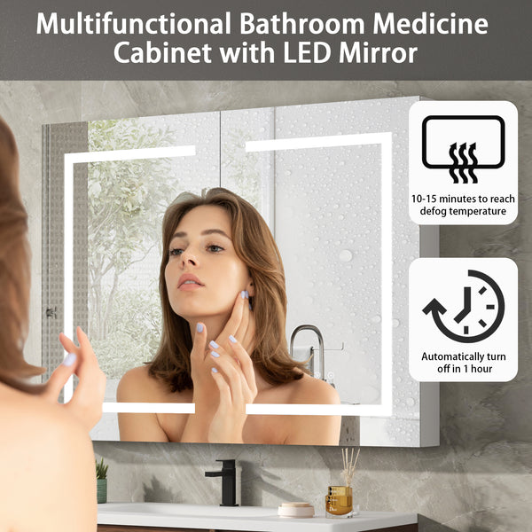 Aluminum Medicine Cabinet , Wall Mounted Surface led Medicine Cabinet, Defog, Stepless Dimming, 3 Color Change, 2 Outlets, 2USB for Bathroom