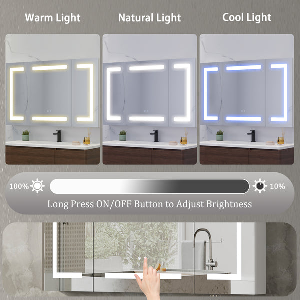 Aluminum Medicine Cabinet , Wall Mounted Surface led Medicine Cabinet, Defog, Stepless Dimming, 3 Color Change, 2 Outlets, 2USB for Bathroom