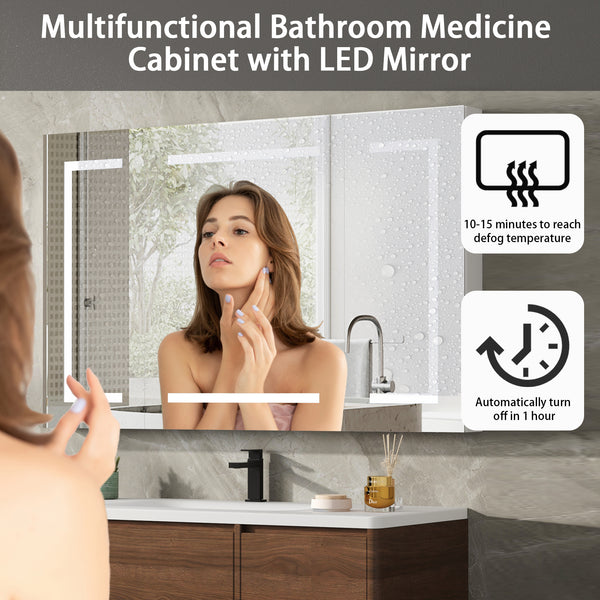 Aluminum Medicine Cabinet , Wall Mounted Surface led Medicine Cabinet, Defog, Stepless Dimming, 3 Color Change, 2 Outlets, 2USB for Bathroom