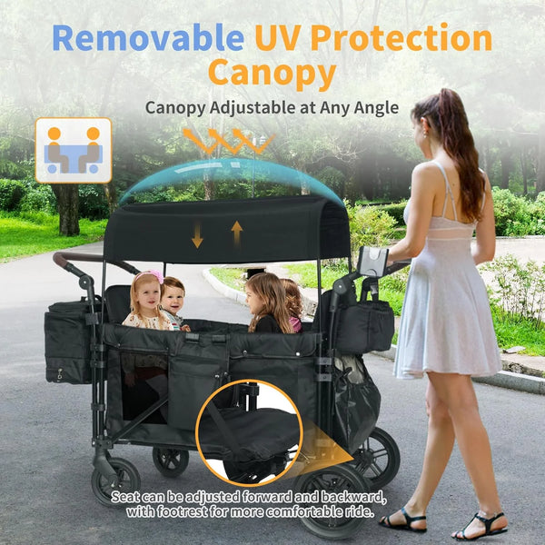 Wagon Stroller for 4 Kids, Linor Stroller Wagon 4 Seater Featuring Convertible High Seat, 5-Point Harnesses and Adjustable Canopy, Foldable Double Push Bar Baby Wagon for Camping