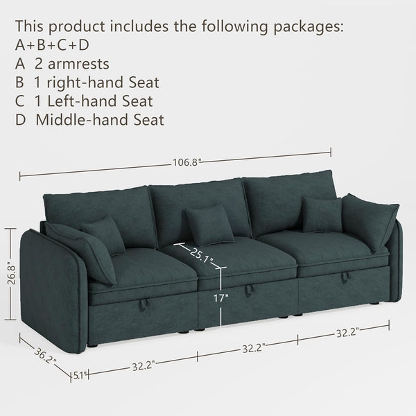 Akaber Modular Sectional Sofa, 107 Inch Couch with Movable Storage Ottoman, 25 Inch Deep Seat, Cloud Couches for Living Room, Grayish Green